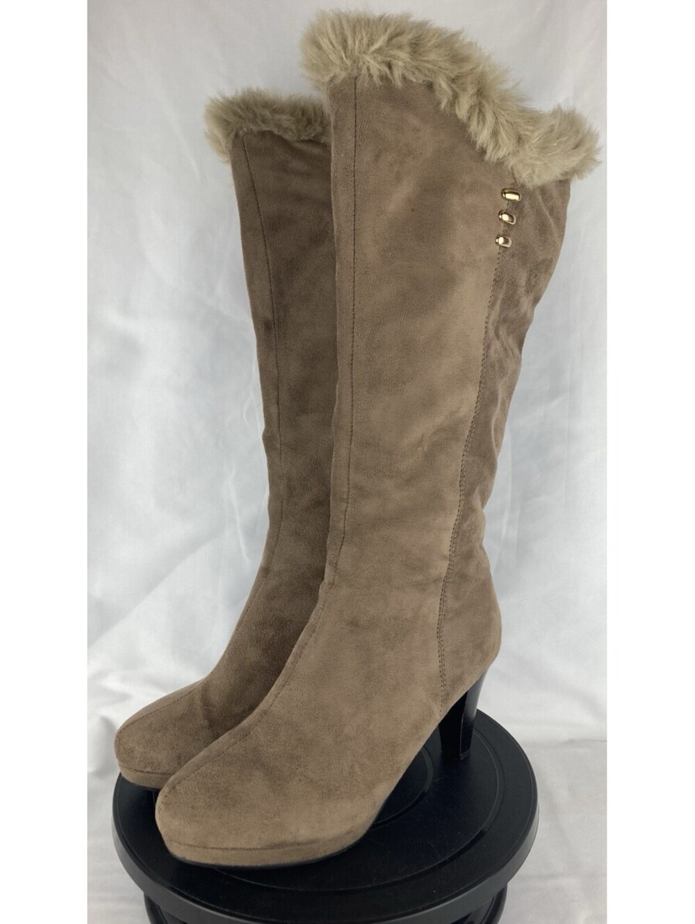 Women’s 7.5 W Midnight Velvet Boots Tan Suede Faux Fur Trim High Heel Knee High